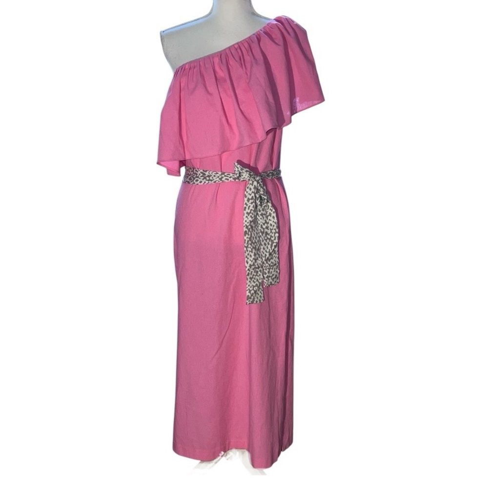 Pomander Place Pink One Shoulder linen blend midi Dress